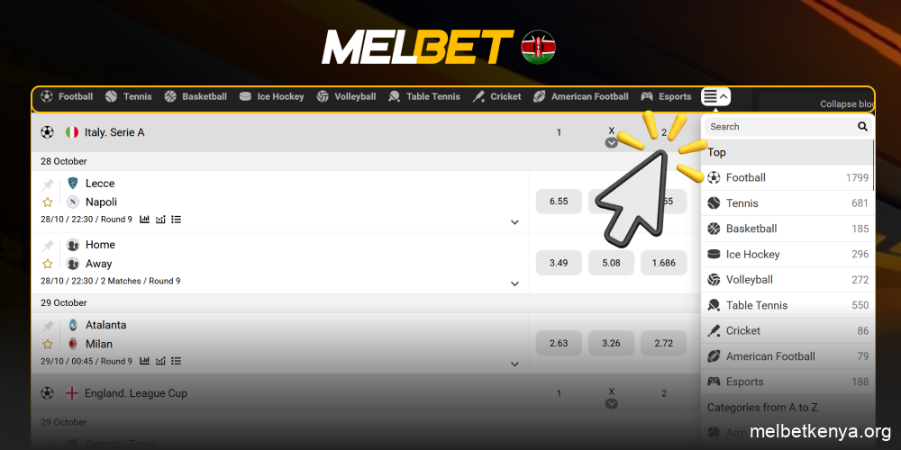 Select the sport you want to bet on, step 3