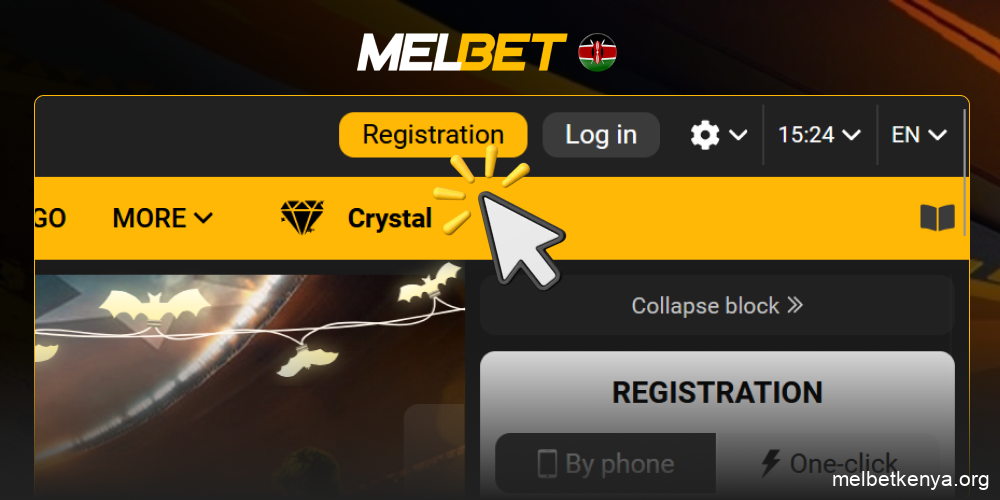 Go to the official Melbet website and click the yellow Registration button, step 1